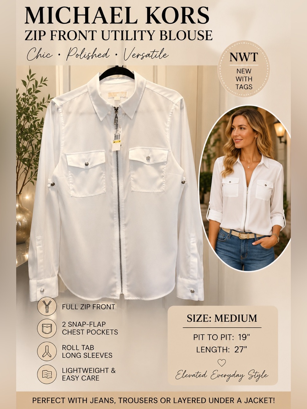 Michael Kors White Zip Front Utility Blouse Roll Tab Sleeve NWT M